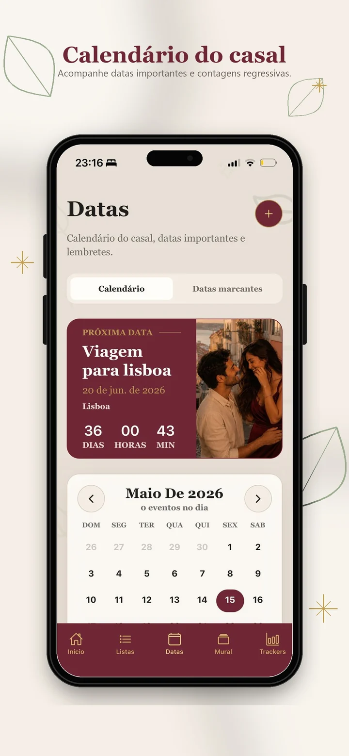 Calendário do casal no Futari, com datas e contagens.